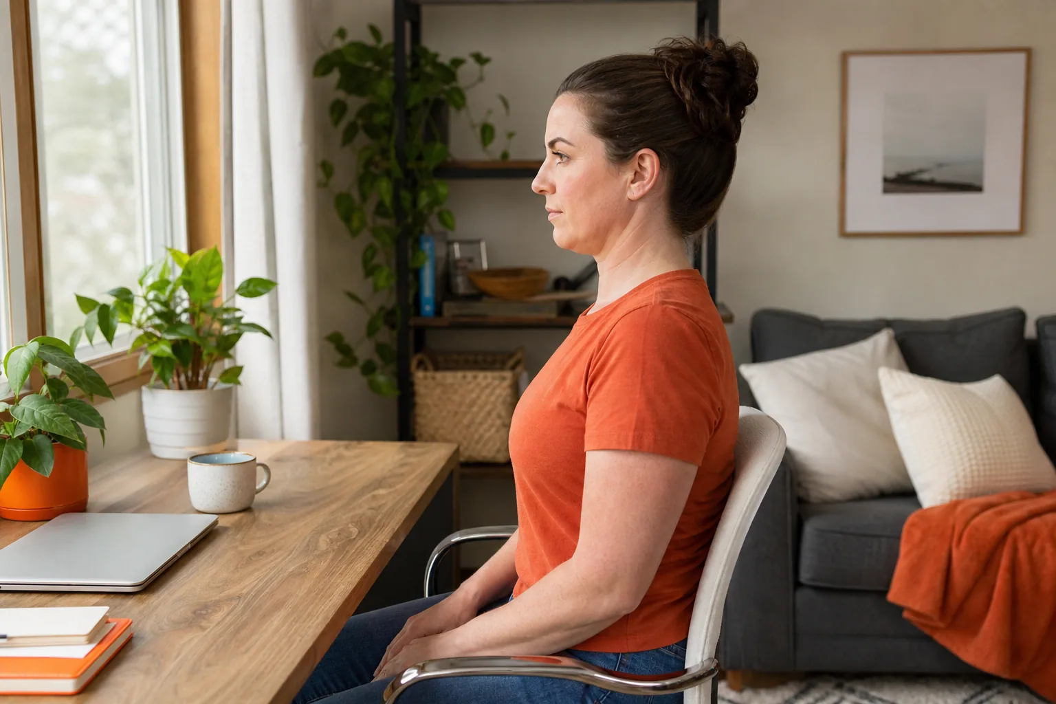Gentle chin tuck stretch for neck pain while seated.