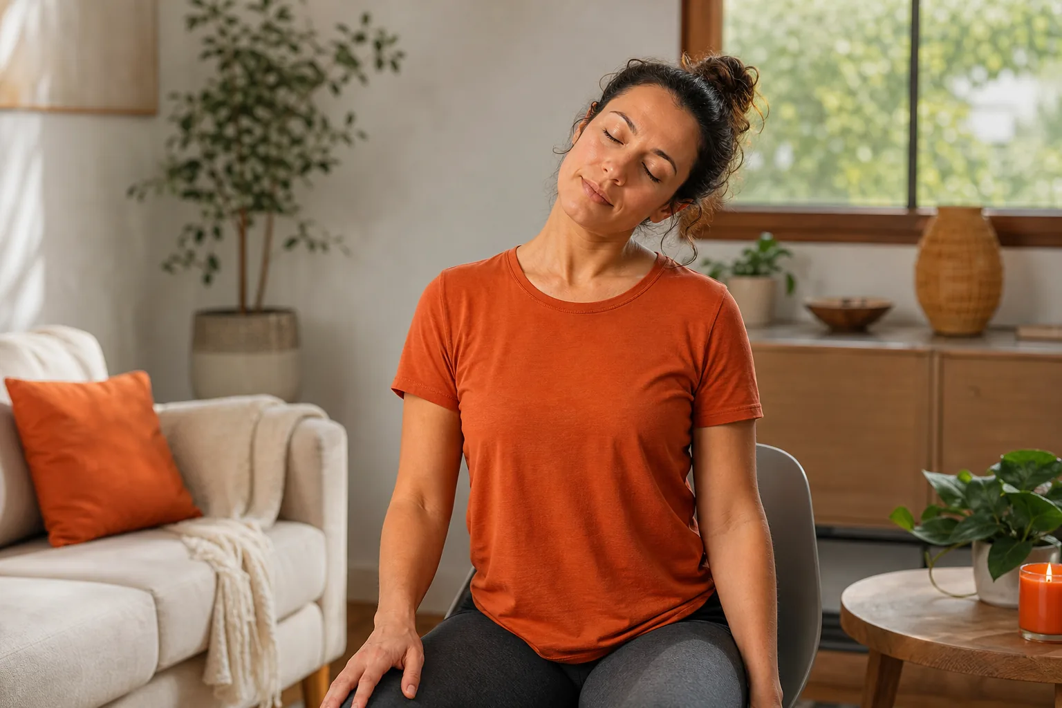 Seated upper-trapezius stretch for neck and shoulder tension.
