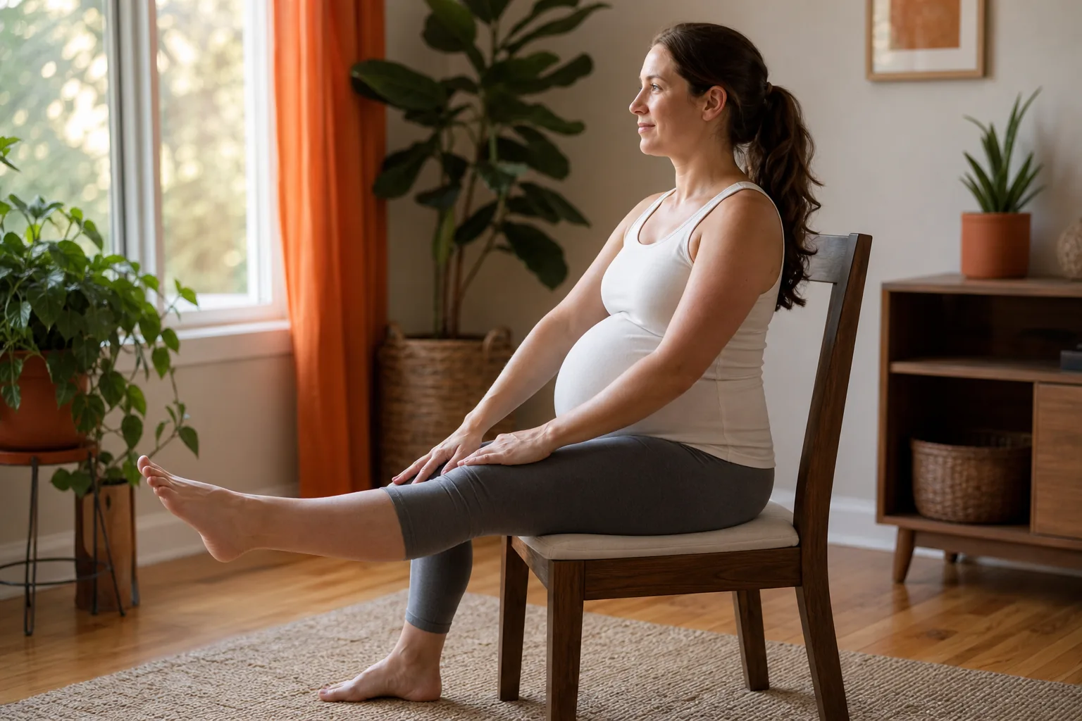 Seated hamstring stretch with room for the belly during pregnancy.