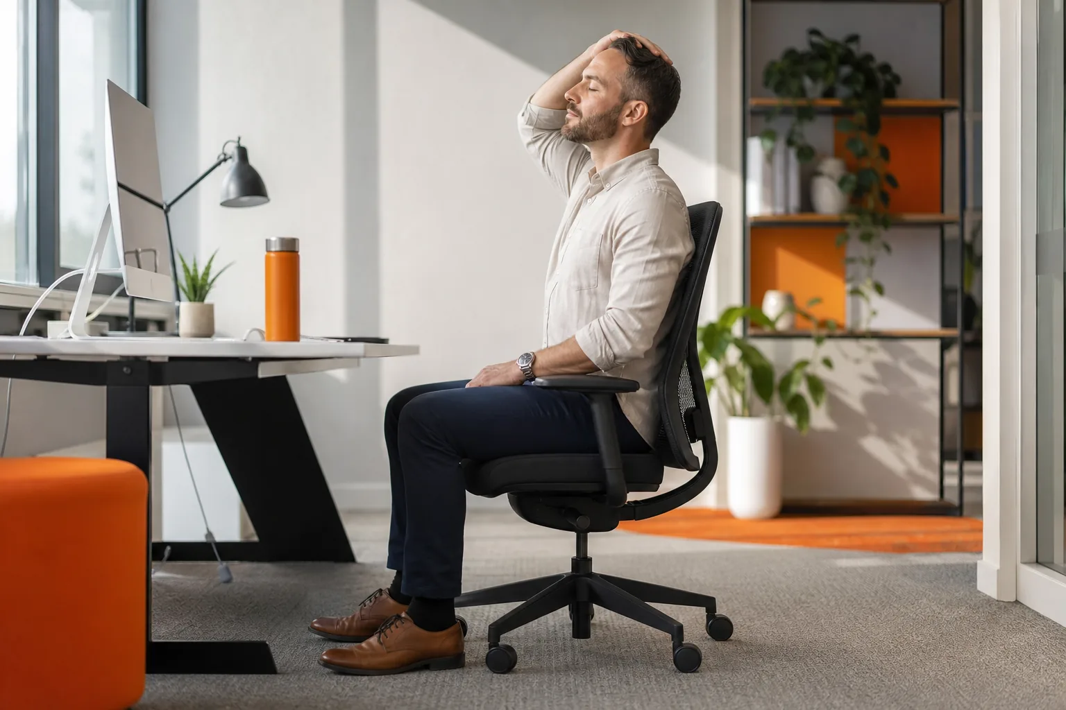 Safe desk stretch break with correct chair posture