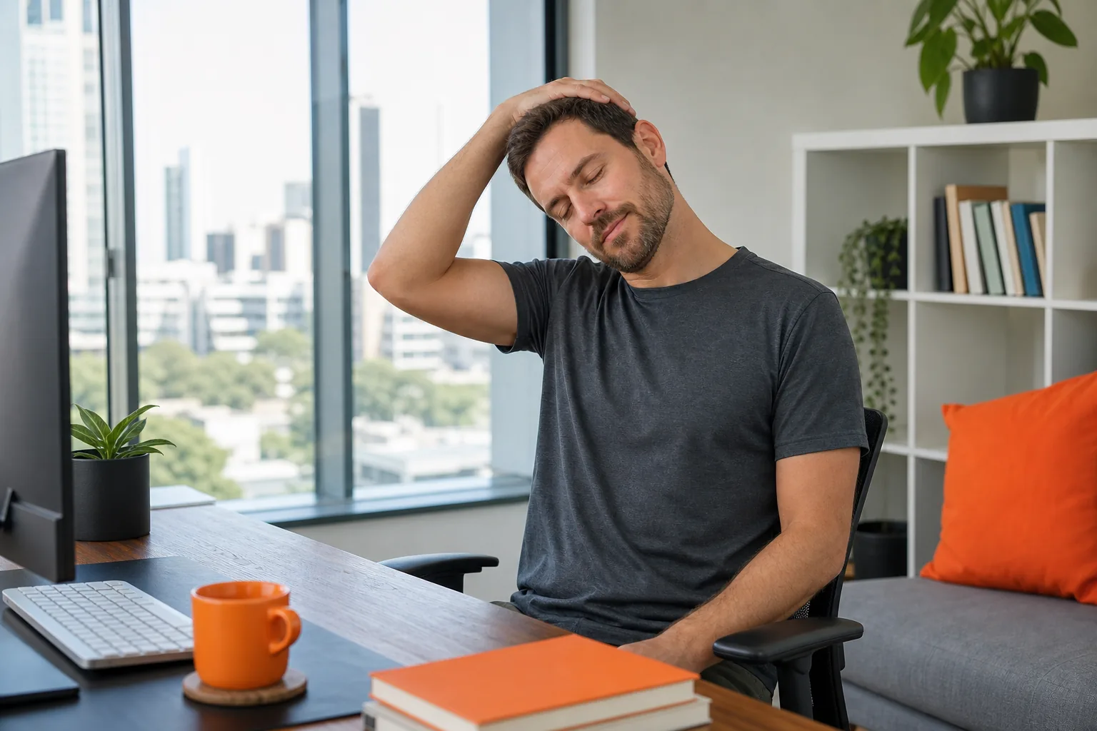 Gentle neck and shoulder stretch at a desk
