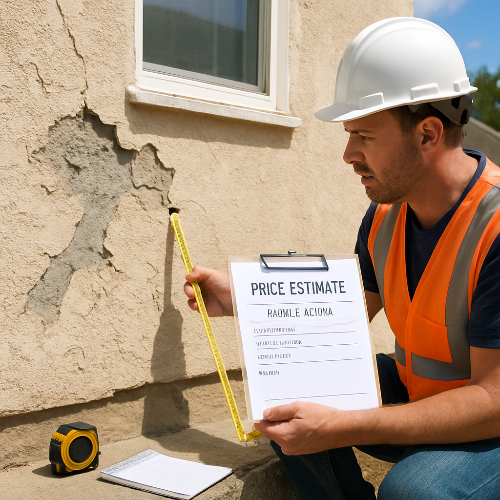 A photorealistic scene of a contractor assessing stucco damage on a Virginia Beach home, showing a price estimate sheet and measuring tools on a sunny day. Alt: Cost estimates and budgeting for stucco repair Virginia Beach