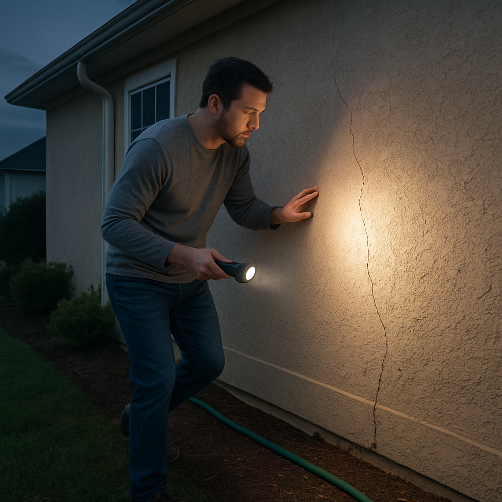 A photorealistic scene of a homeowner walking around a Virginia Beach house with a flashlight, inspecting stucco for cracks while a garden hose runs along the foundation. Alt: Preventive maintenance tips for stucco repair Virginia Beach