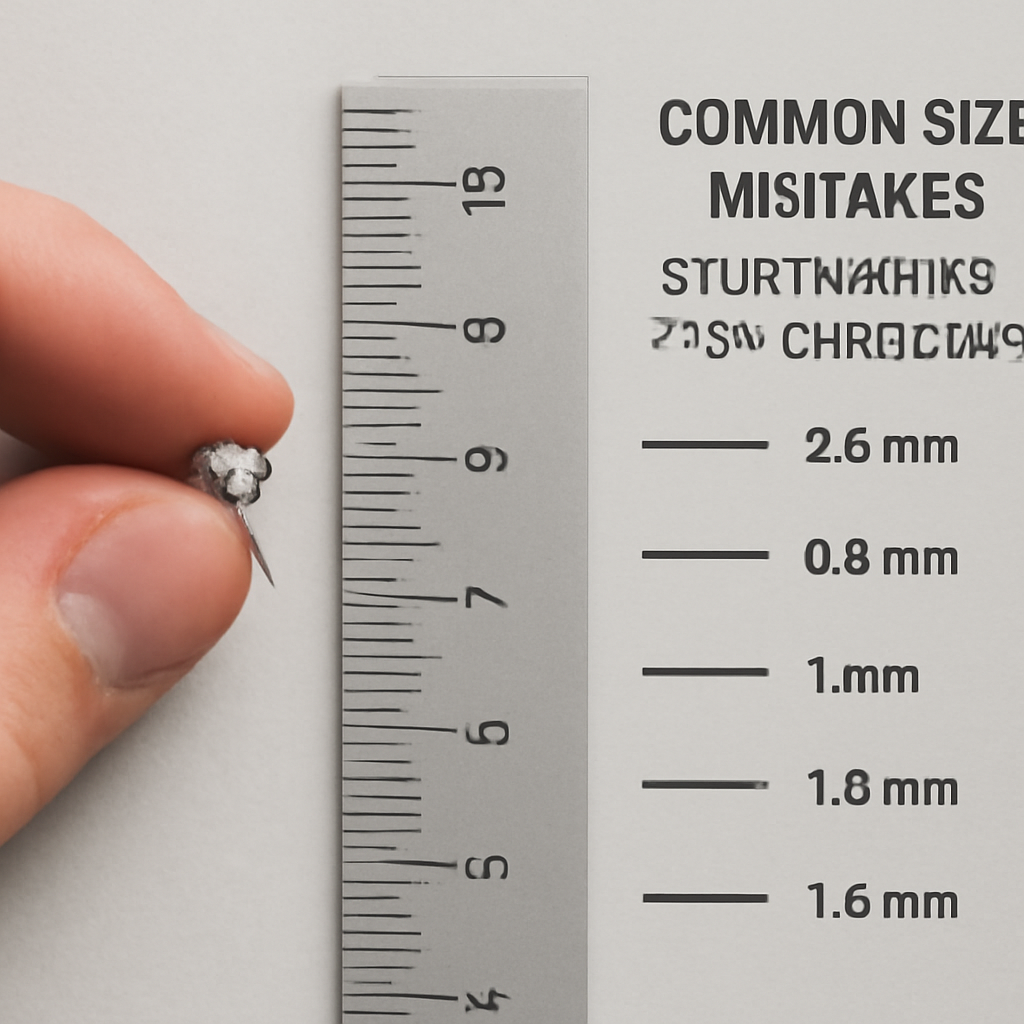 A traveler's hand holding a stud earring next to a ruler, showing millimetre measurements and different post gauges. Alt: common size mistakes stud earring size chart mm