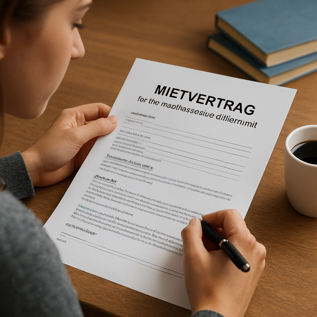 A student sitting at a desk, pen in hand, reviewing a German rental contract with a coffee mug beside them. Alt: Student reviewing a German rental contract for student accommodation in Germany.