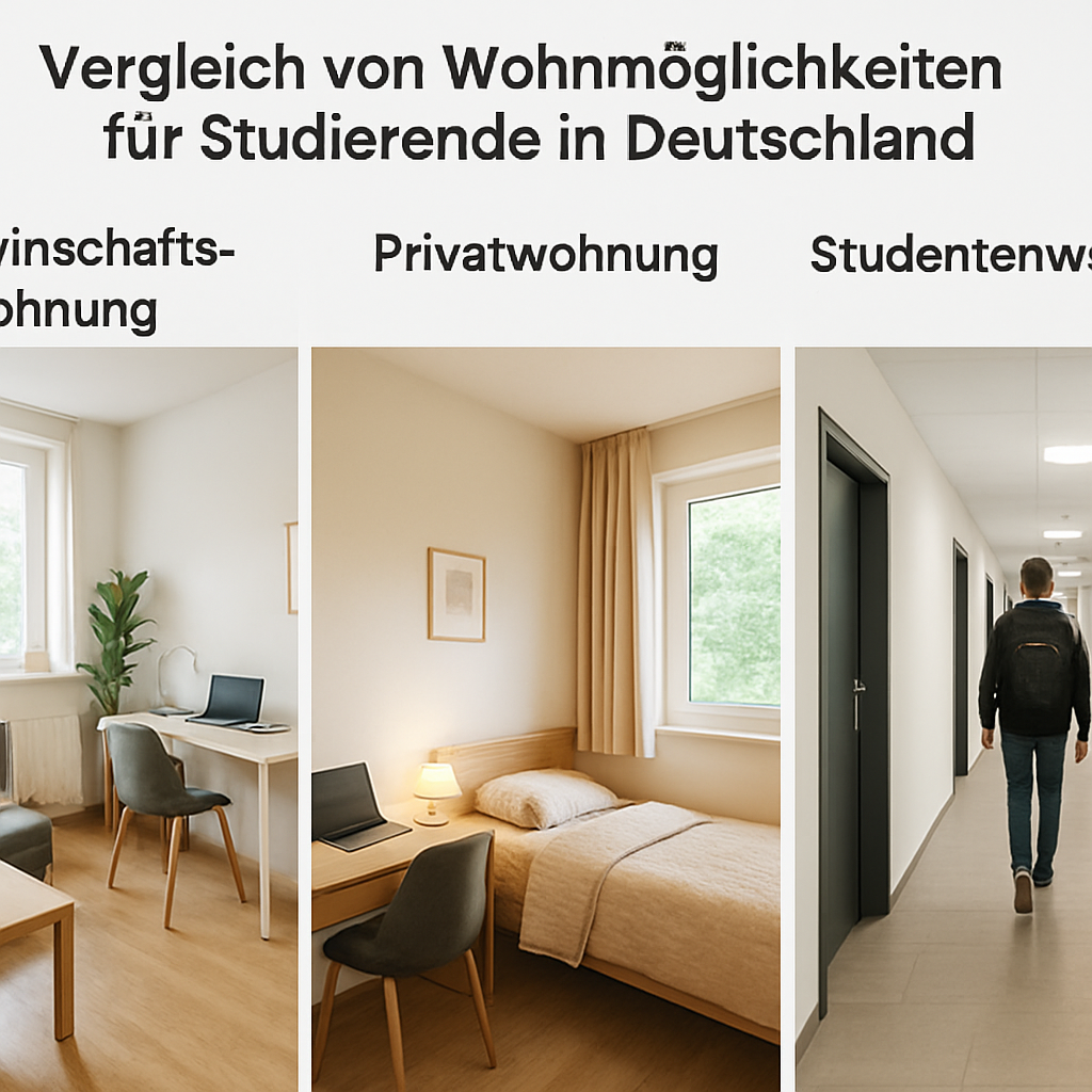 A bright shared flat with a study desk, a cozy private studio, and a modern student dorm hallway, illustrating the three housing options for student apartments in Germany. Alt: Comparison of student housing types in Germany