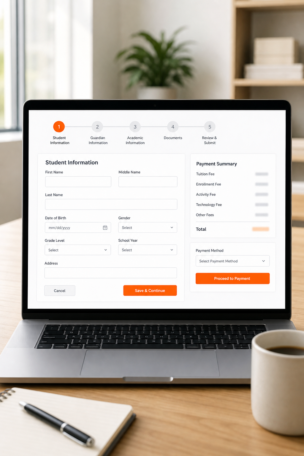 A clean, modern dashboard showing a student enrollment form with progress indicators and a payment summary sidebar, in a bright office setting. Alt: Steams Online enrollment dashboard screenshot.