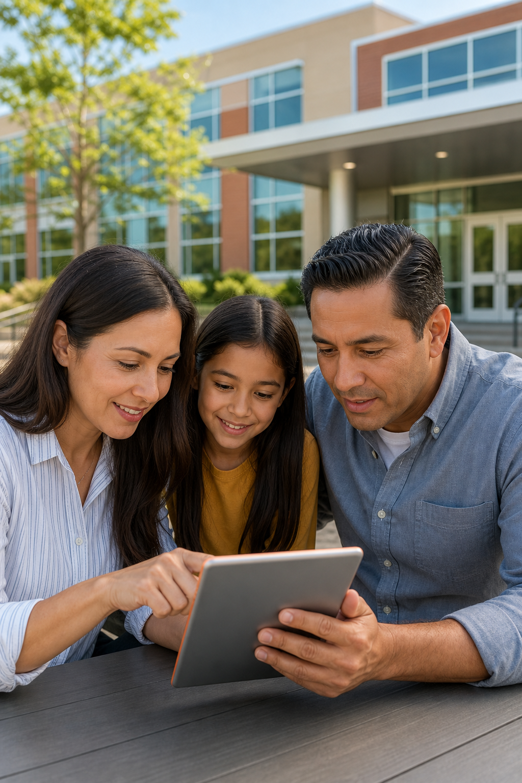 A family using a tablet to fill out a school enrollment form on a mobile-friendly portal, with a school building background. Alt: PowerSchool enrollment portal on tablet.