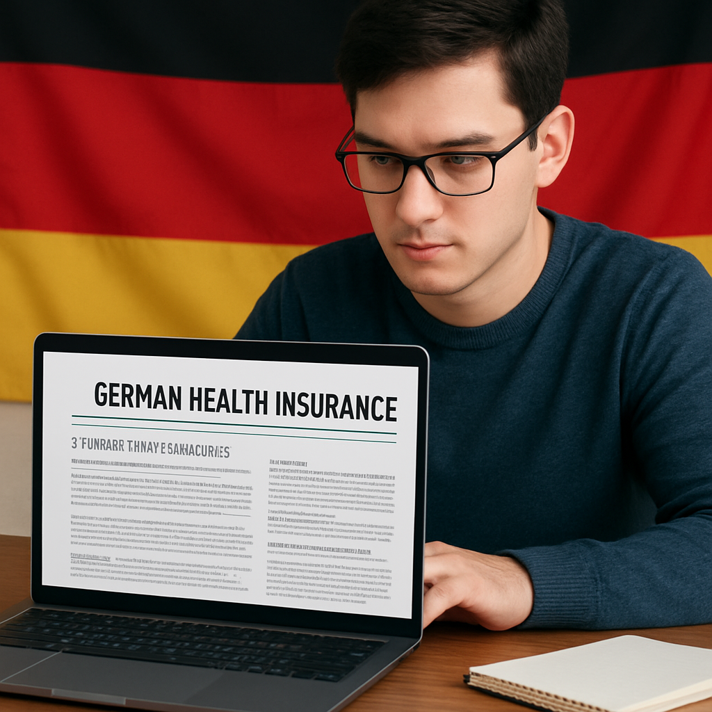 A student reviewing German health insurance documents on a laptop, with German flag background. Alt: student health insurance Germany guide.