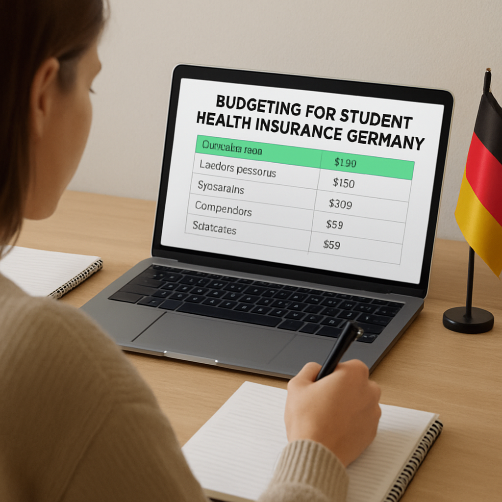 A student sitting at a desk with a laptop, a German flag, and a spreadsheet open, showing budgeting for health insurance. Alt: budgeting for student health insurance germany