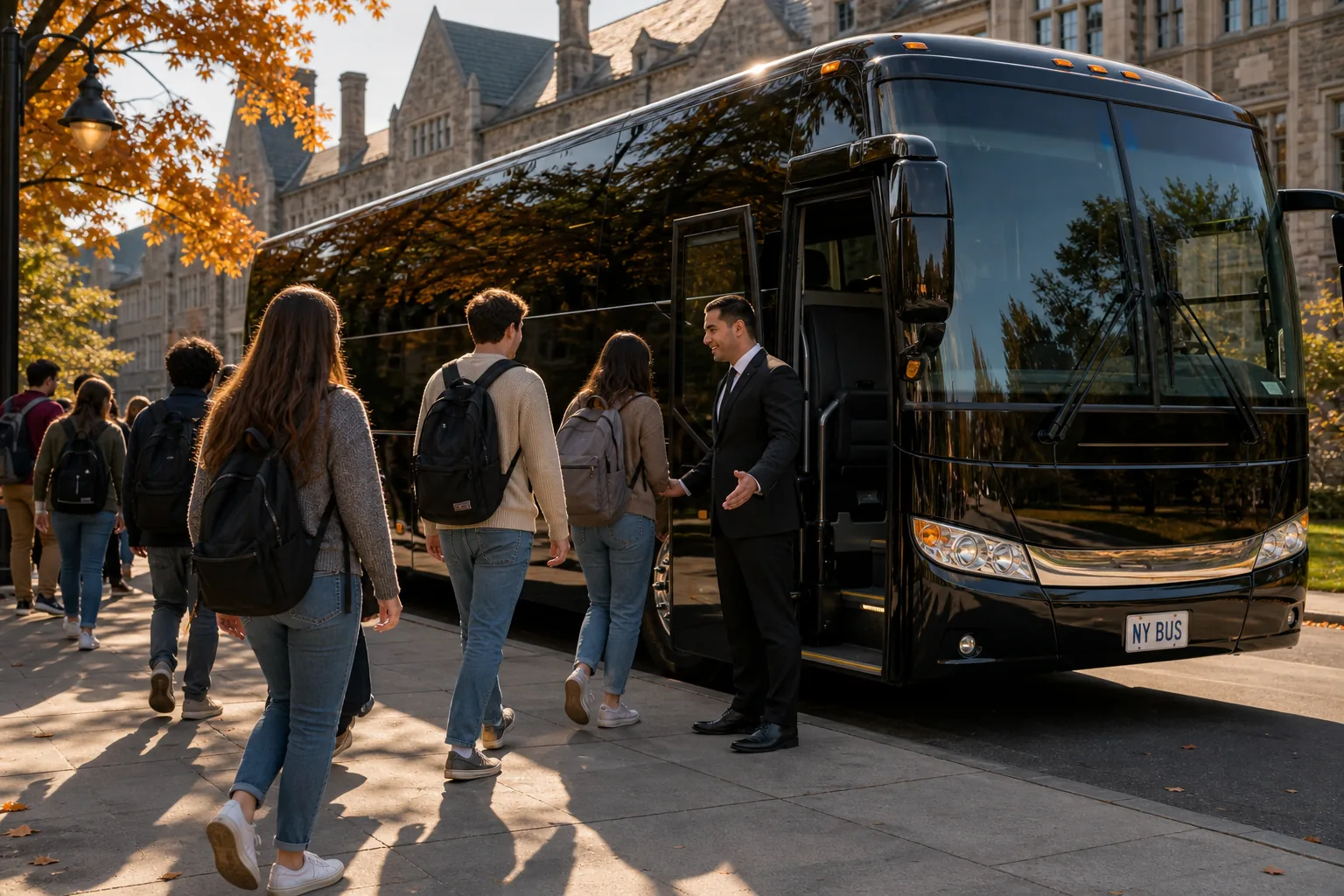 University student group boarding a charter bus for coordinated campus transportation