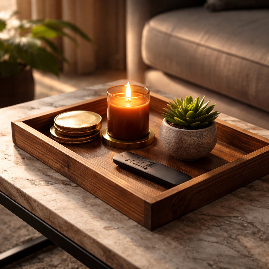 A cinematic scene of a handcrafted wooden tray elegantly arranged on a coffee table with a warm candle, a small green succulent, and a sleek remote, soft natural light highlighting the wood grain. Alt: decorative wooden tray for coffee table styling