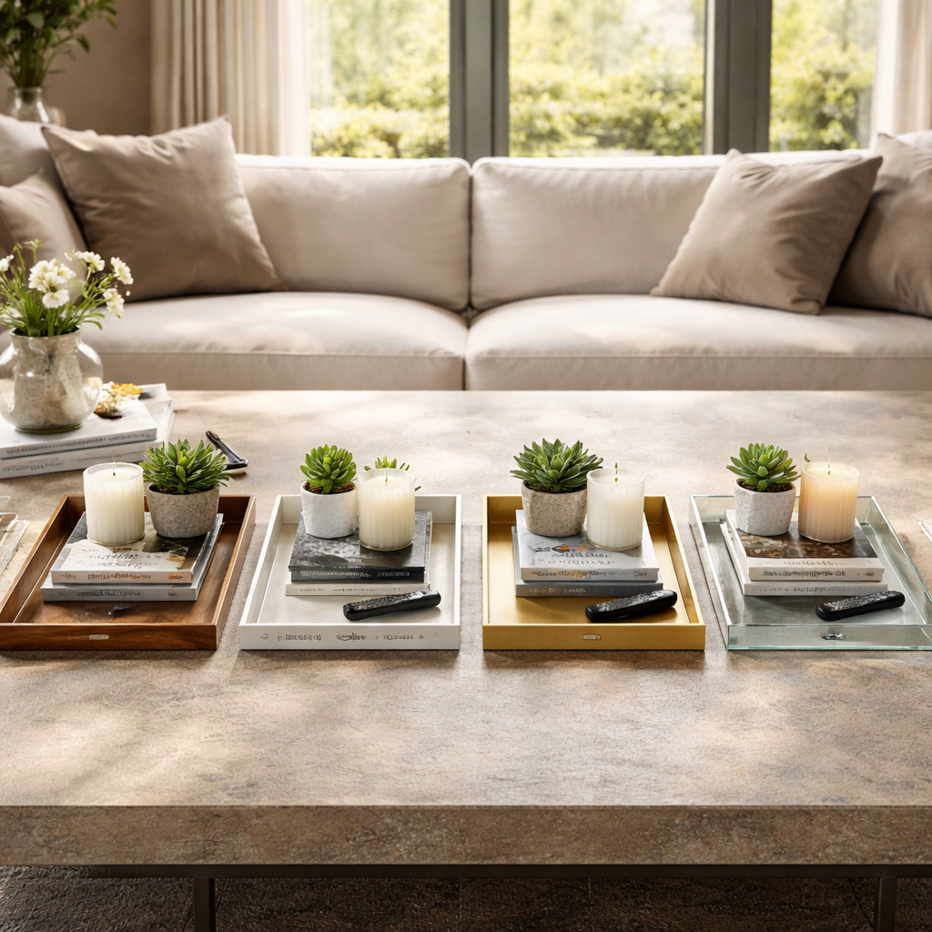 A cinematic, photorealistic living room scene showing a coffee table with four decorative trays side‑by‑side – one wooden, one marble, one brushed brass, and one clear glass – each holding a candle, a small plant, a stack of design books, and a remote. Soft natural light streams through a large window, highlighting the texture of each tray. Alt: Comparative view of decorative trays for coffee table materials.