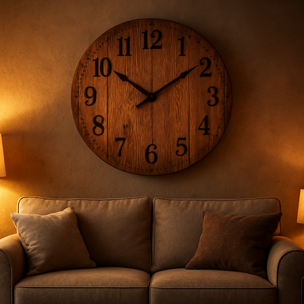 A rustic wooden wall clock with a natural grain finish mounted above a plush sofa in a living room, soft ambient lighting highlighting the wood’s texture. Alt: Rustic wooden decorative wall clock in a cozy living room setting.