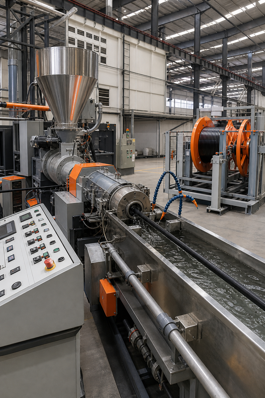 A photorealistic image of a modern cable extrusion line with a control panel, showing the extruder, cooling trough, and take-up system in an industrial setting. Alt: Submersible cable extrusion line by Sai Extrumech