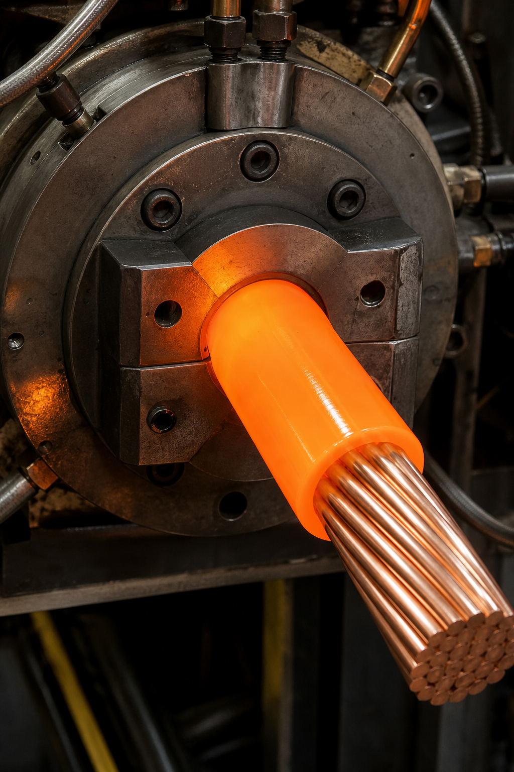 A close-up of a crosshead die extruding insulation over a copper conductor, with glowing molten material emerging. Alt: Extrusion crosshead applying insulation on submersible cable conductor