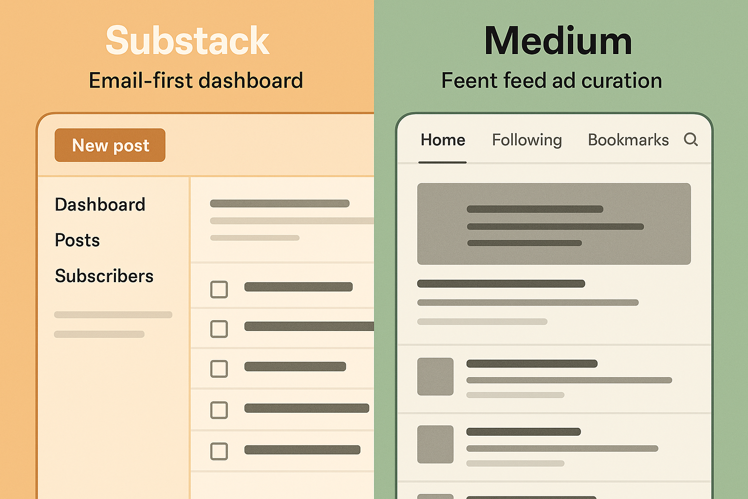 A split-screen illustration contrasting Substack’s email-first dashboard with Medium’s content feed and curation features.