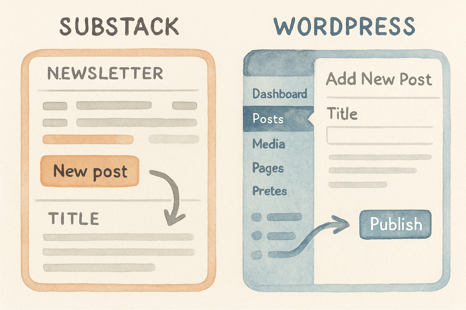 Side-by-side conceptual illustration of Substack newsletter inbox vs WordPress website dashboard. Alt: Comparison of Substack vs WordPress interface and publishing workflow.