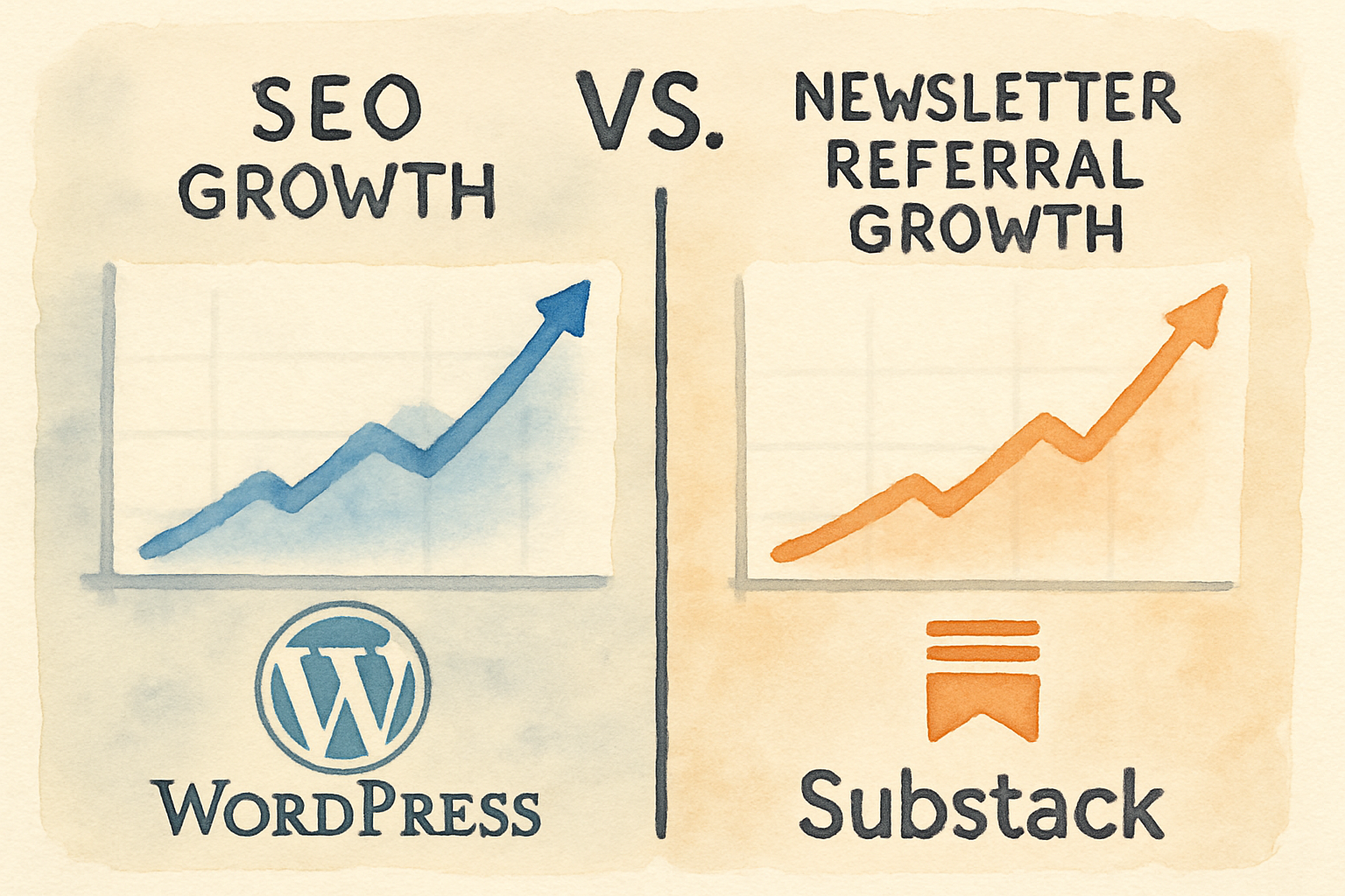 Graphical representation of SEO growth vs newsletter referral growth strategies. Alt: Visual comparison of SEO and newsletter-based audience building in Substack vs WordPress.
