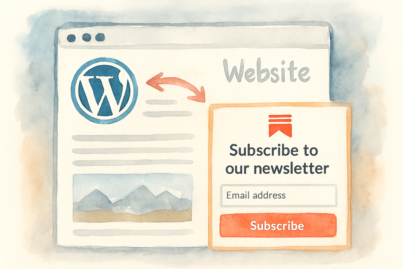 A hybrid content creator’s digital ecosystem, showing WordPress website with embedded Substack newsletter signup. Alt: Illustration of combined Substack and WordPress content strategy.