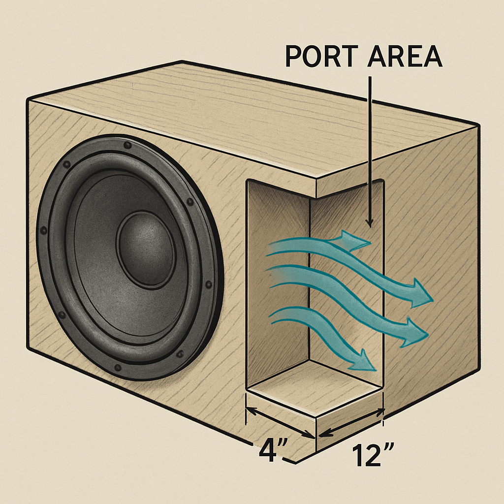 A detailed illustration of a car subwoofer enclosure with a labeled port area, showing airflow and dimensions. Alt: subwoofer port area diagram for car audio
