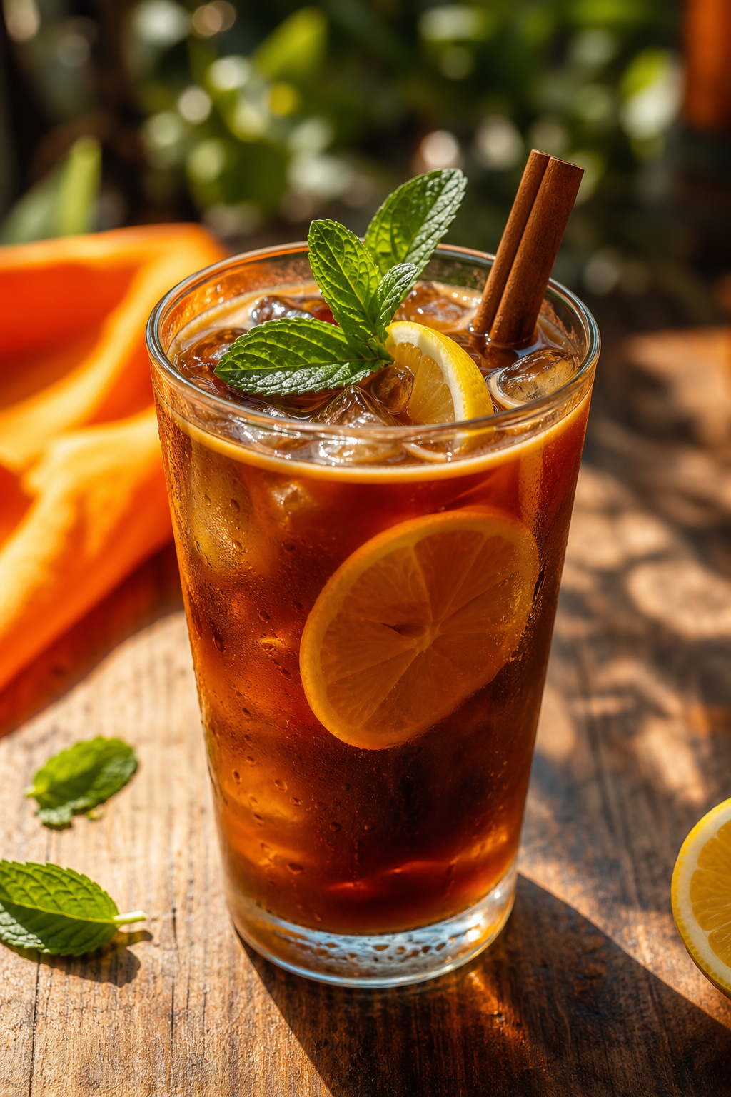 A realistic close-up of a glass filled with iced coffee and tea blend, garnished with fresh mint leaves, lemon slices, and a cinnamon stick on a wooden table, with sunlight streaming through. Alt: Refreshing summer coffee and tea combo with mint and lemon garnish.