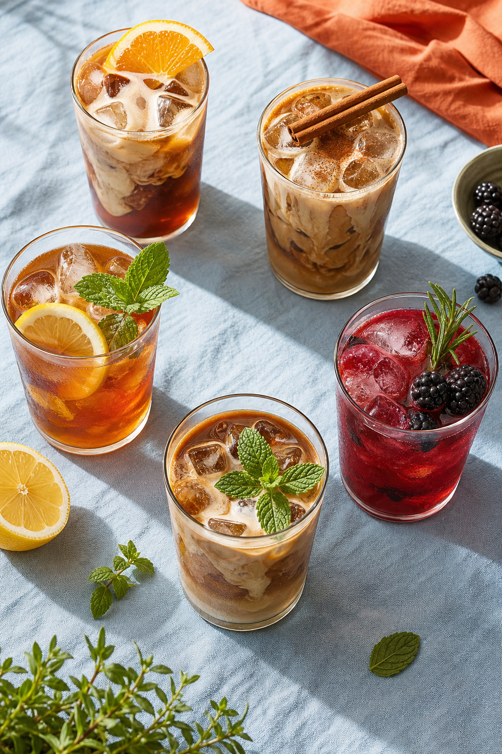 A realistic overhead shot of five glasses of iced coffee and tea combos, each with different garnishes like lemon, mint, berries, and cinnamon, arranged on a light blue tablecloth. Alt: Comparison of popular summer coffee and tea combo recipes.