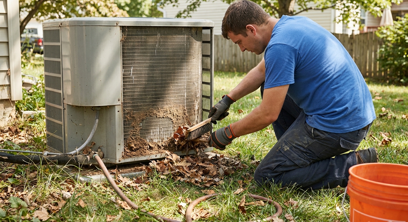 A realistic photo of a homeowner clearing leaves and dirt from an outdoor AC condenser unit, showing the metal fins and surrounding grass, sunny day, natural lighting.