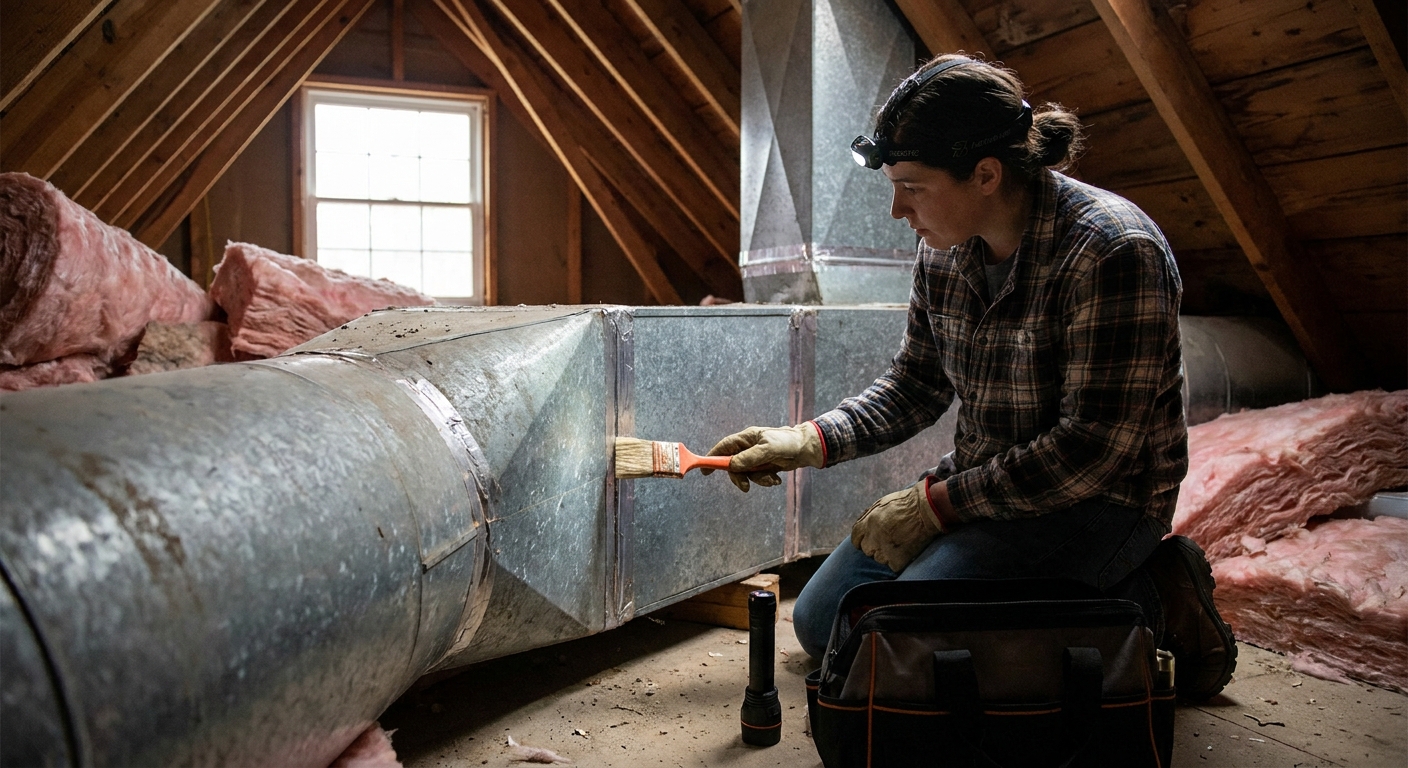 A realistic illustration of a homeowner inspecting metal ductwork in an attic, pointing at a seam with a sealant brush, soft natural lighting, showing insulation around the ducts.