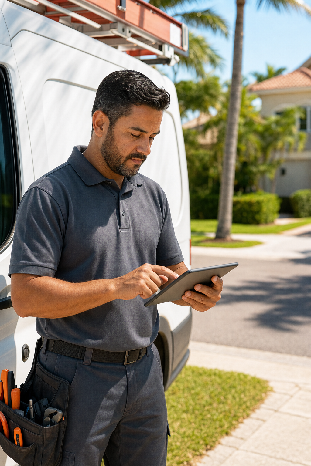 A South Florida HVAC technician in a company polo reviewing notes on a tablet outside a white service van in afternoon sunlight, with a residential neighborhood in the background. Natural daylight, warm Florida tones, no phone numbers visible. Alt: South Florida local business owner using slow summer season to plan marketing strategy.