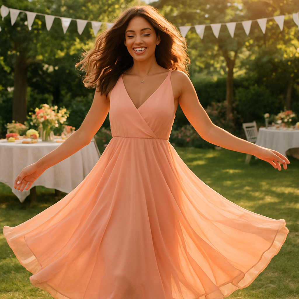 A sun‑kissed woman twirling in a chiffon maxi dress at a garden party. Alt: Flowy maxi dress summer party
