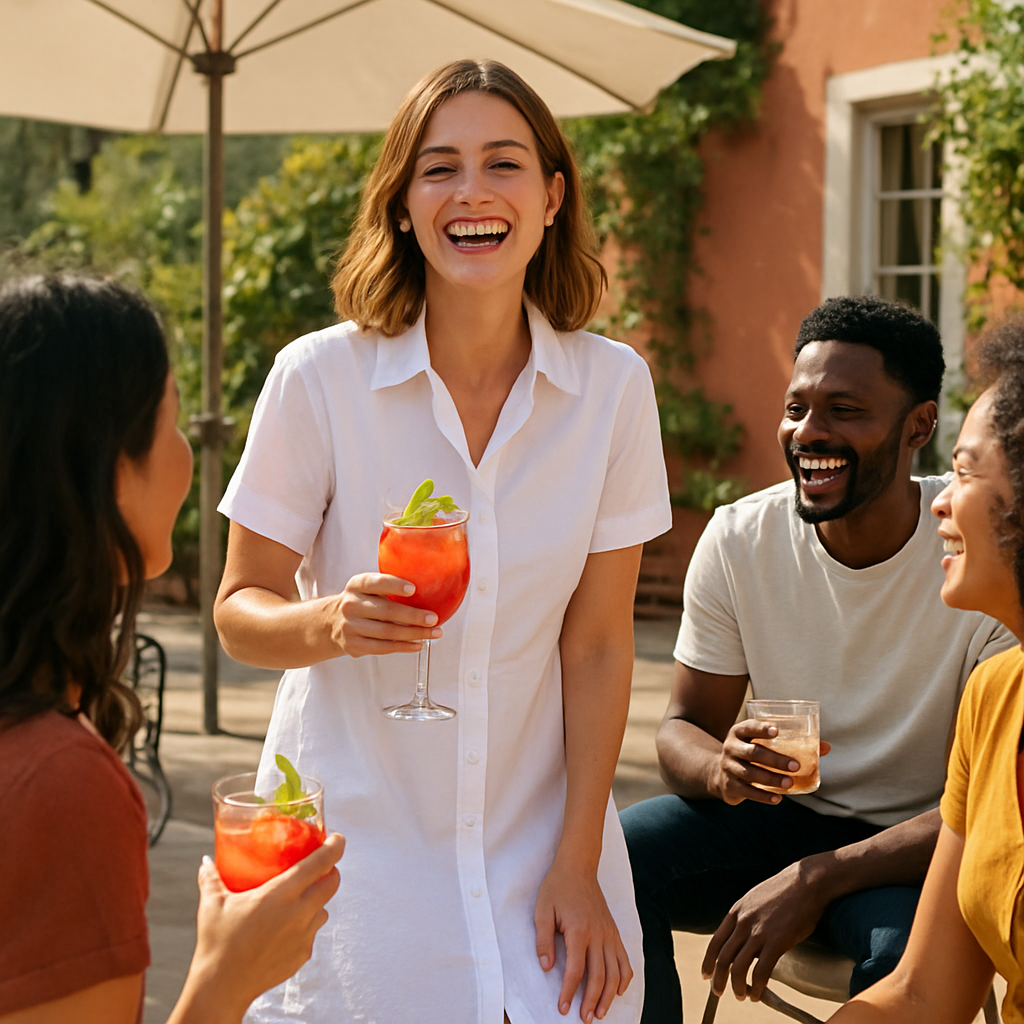 A sunny patio with a woman in a crisp white shirt dress holding a cocktail, laughing and surrounded by friends. Alt: Woman in white shirt dress at summer party.