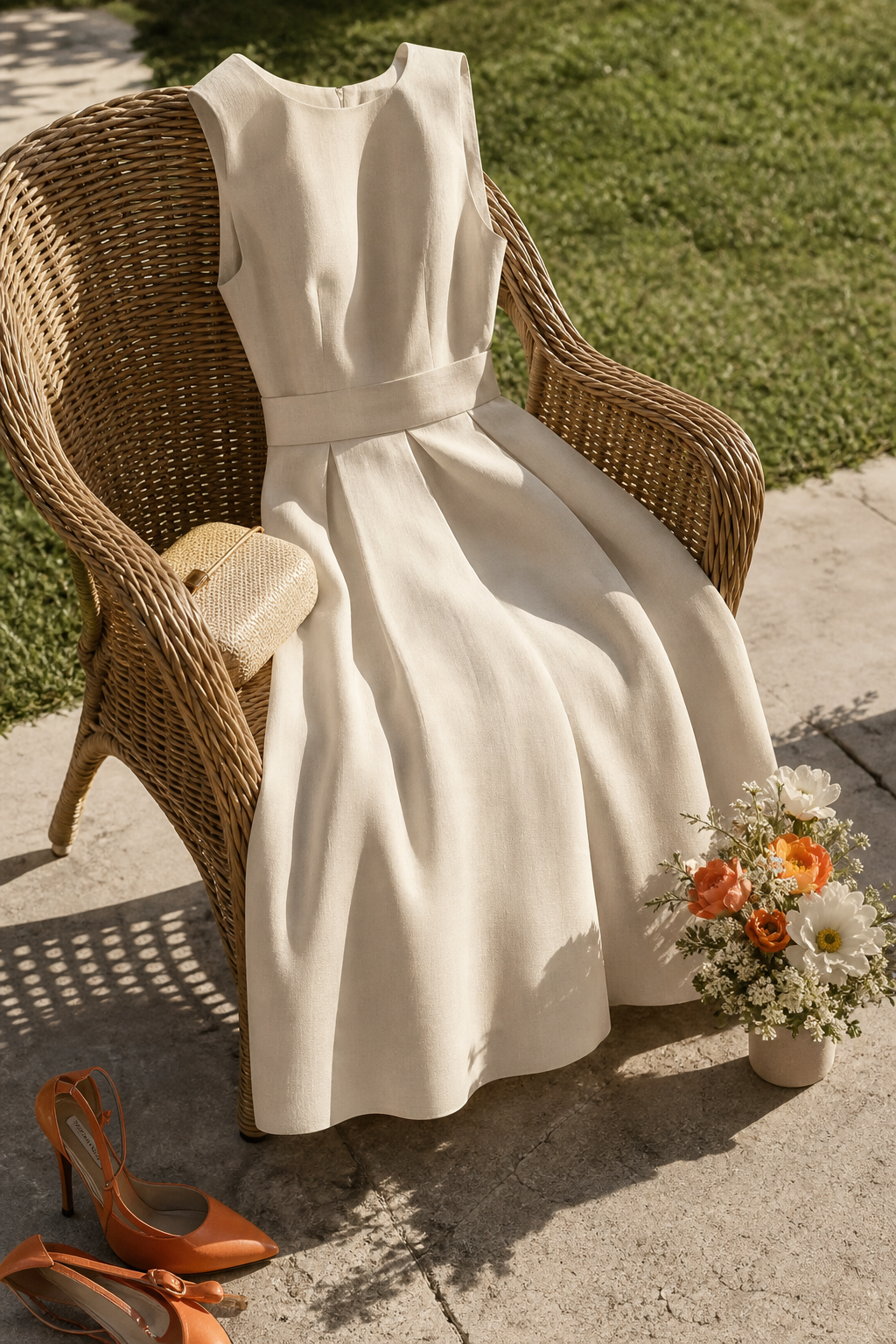 An editorial fashion photograph of a structured linen midi dress in warm ivory or sand, draped across a wicker chair at a sunlit outdoor venue with soft grass and stone paving visible. No human faces. Clean, summery light. Subtle orange accent in a small floral prop. Realism style. Alt: Structured linen midi dress in ivory for outdoor summer wedding guest