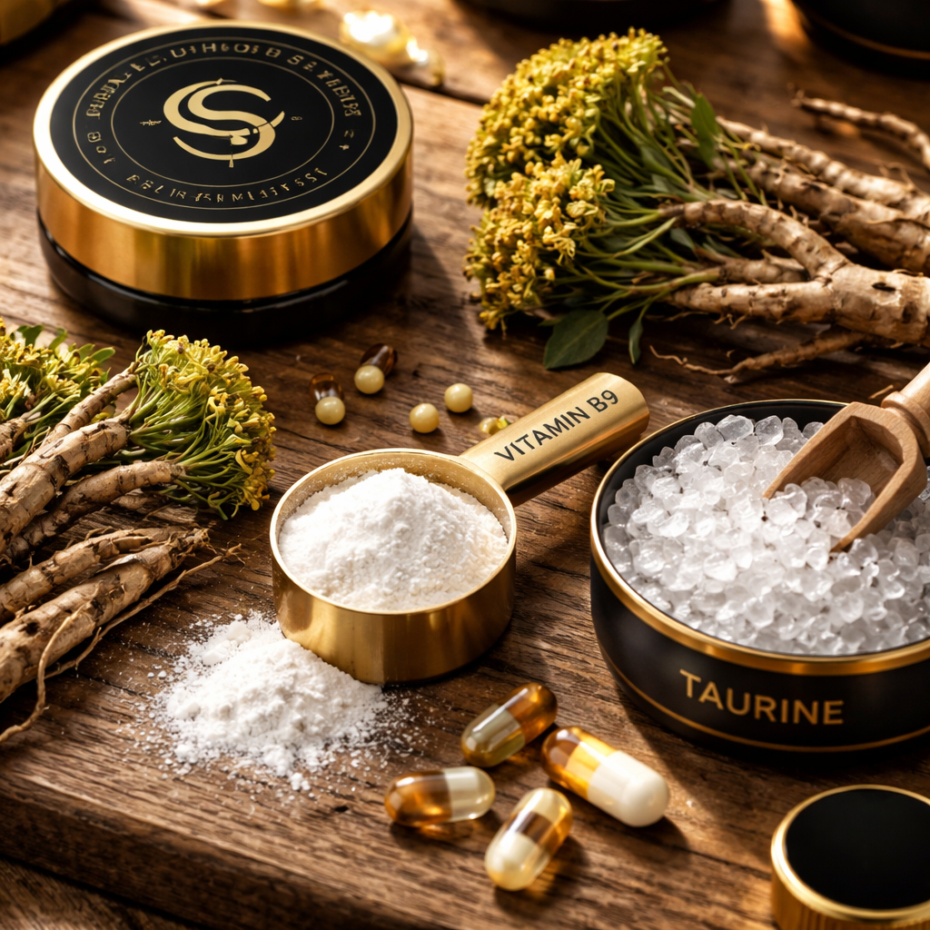 A photorealistic close‑up of natural adaptogenic herbs like Rhodiola roots, a scoop of vitamin B9 powder, and crystal taurine on a wooden surface. Alt: supplement to improve stamina and endurance ingredients
