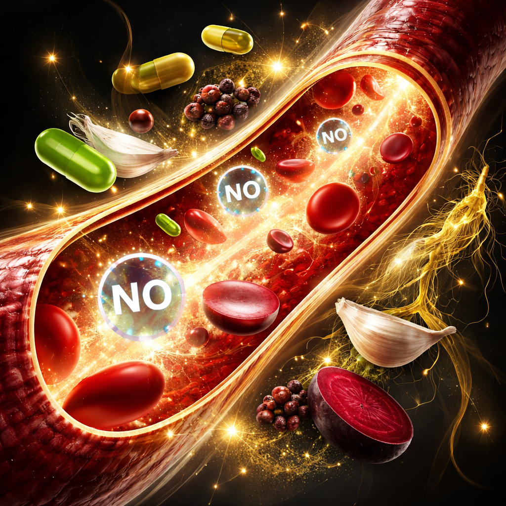 A realistic illustration of a blood vessel opening wider as nitric‑oxide molecules flow, with supplement ingredients floating nearby. Alt: supplement to improve stamina and endurance blood flow illustration