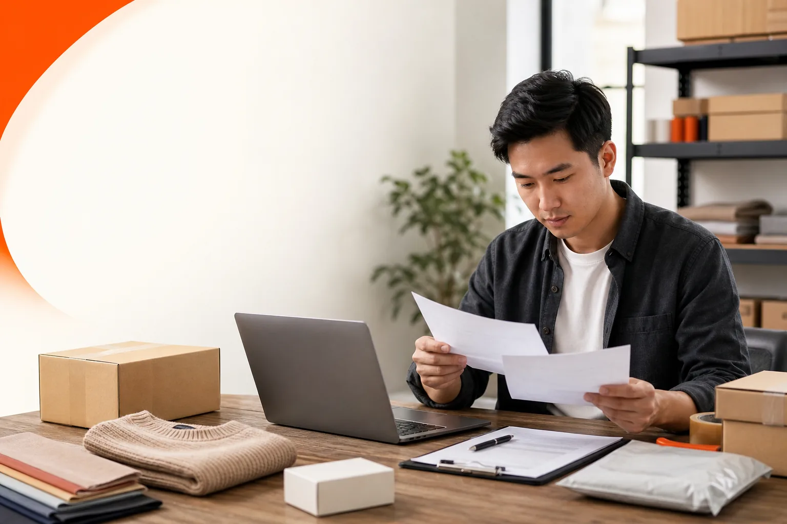 E-commerce seller reviewing supplier requirements and purchase order documents.