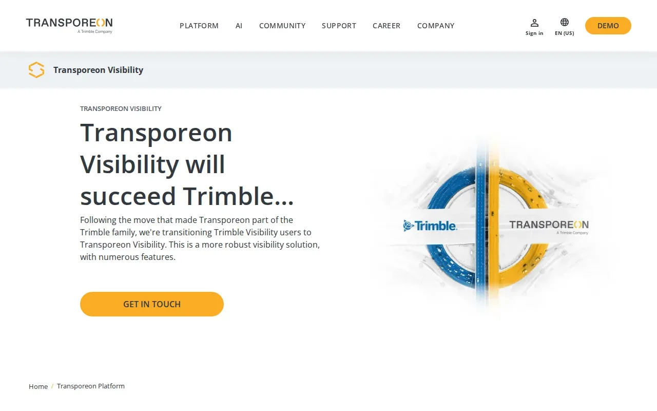 Screenshot of the Visibility Hub by Transporeon website