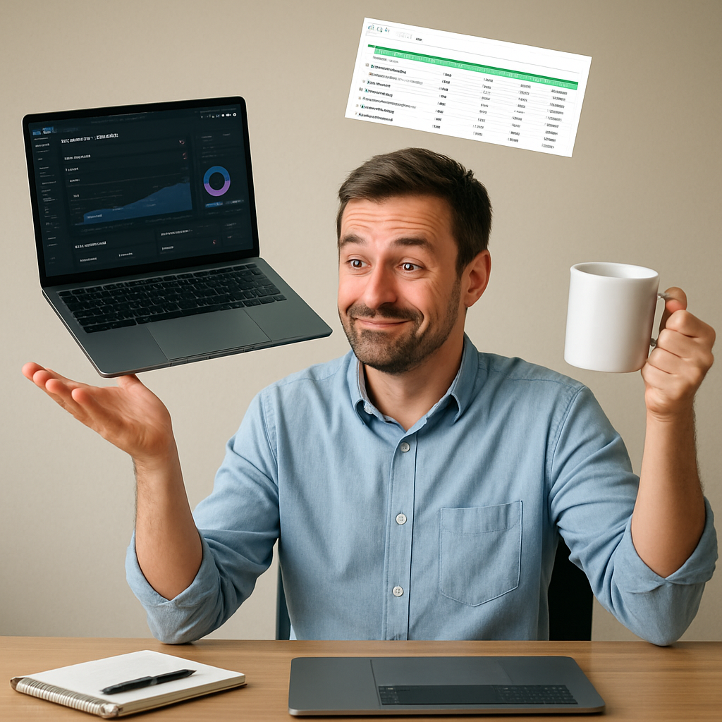 A marketer sitting at a desk, juggling a laptop open to an SEO tool dashboard, a spreadsheet with keyword data, and a coffee mug, looking relieved after successfully switching tools. Alt: transitioning from Surfer SEO to a new SEO platform, step‑by‑step guide.
