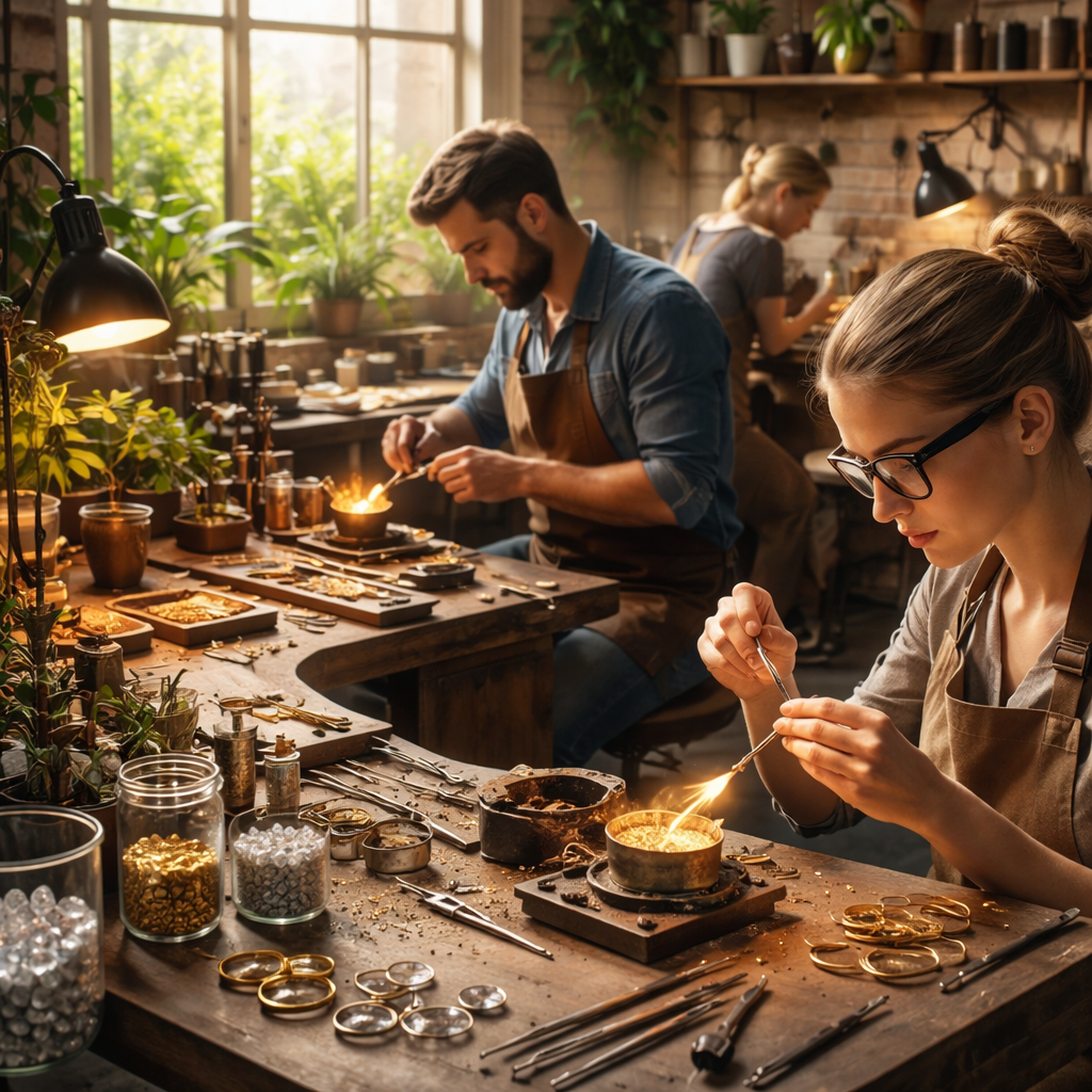 A photorealistic scene of a European jewellery workshop showing artisans working with recycled gold and lab-grown diamonds, sunlight filtering through a window, highlighting the sustainable process. Alt: Sustainable jewellery brands Europe showcasing eco-friendly crafting.
