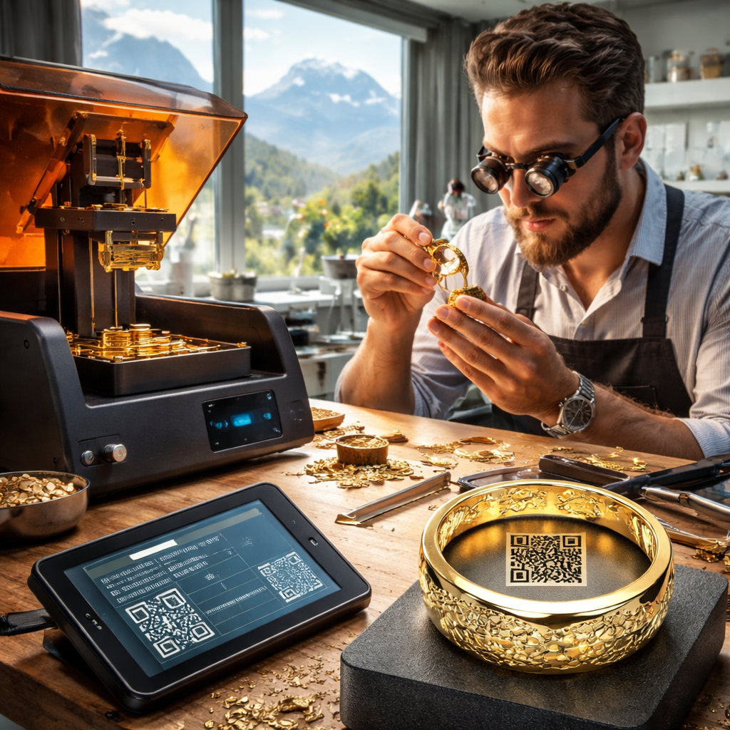 A photorealistic scene of a Swiss workshop where a jeweller uses a 3‑D printer to create a recycled‑gold ring, with a blockchain QR code displayed on the finished piece. Alt: Sustainable jewellery brands Europe future tech in action.