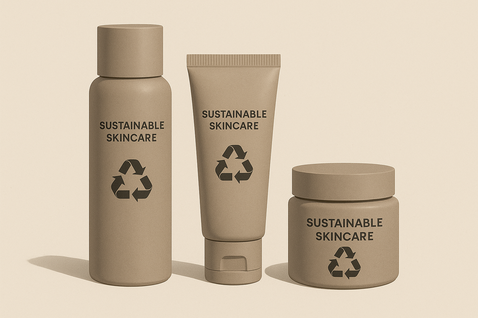 Illustration of minimalistic sustainable skincare packaging highlighting size optimization and clear recycling iconography. Alt: Sustainable recyclable skincare packaging tips minimal design and recycling labels