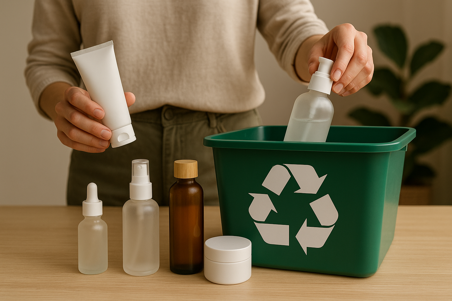 Close-up of eco-conscious skincare user sorting recyclable packaging at home. Alt: Sustainable recyclable skincare packaging tips in consumer daily life