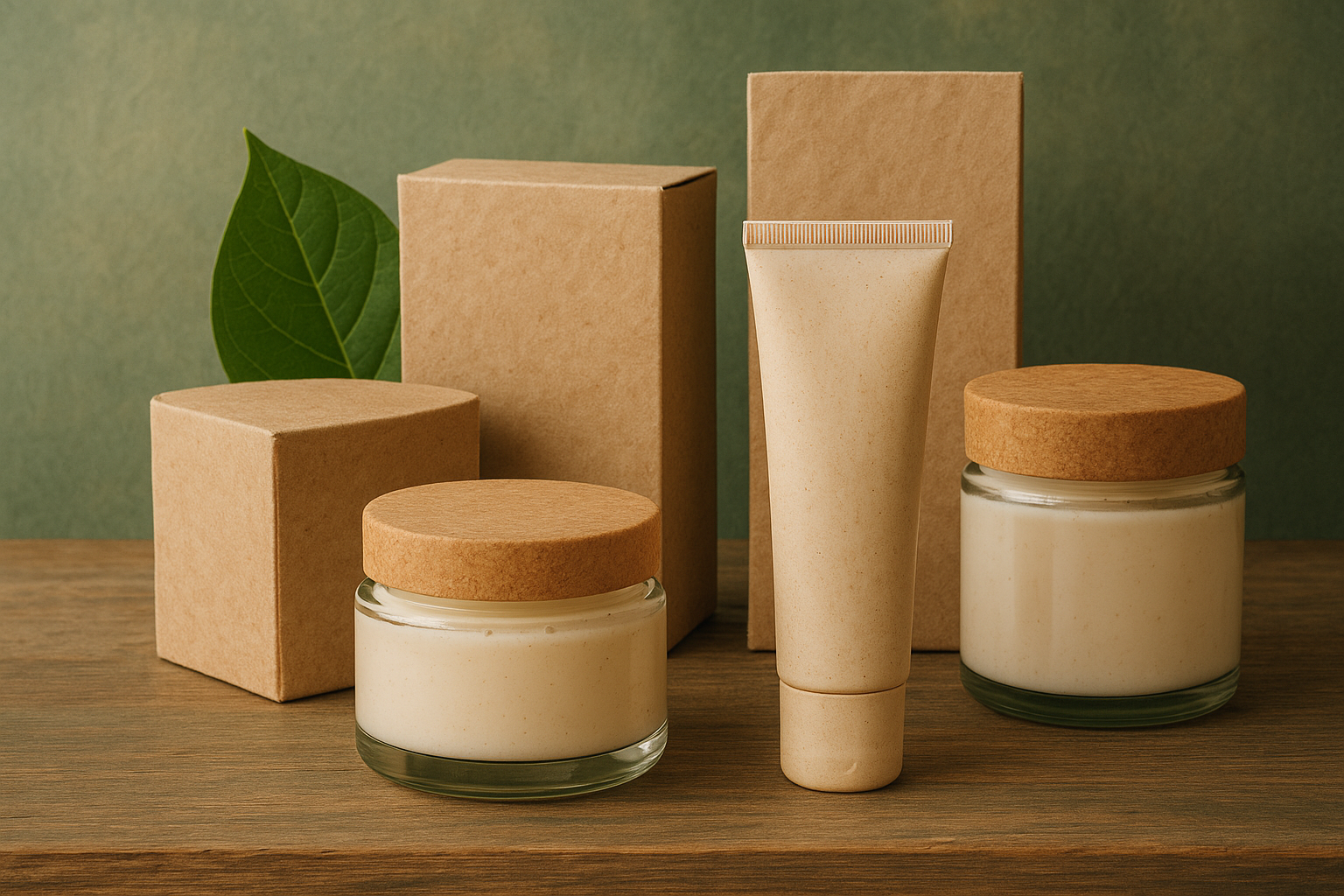 Artistic render of sustainable skincare packaging options including glass jars, bioplastics, and paper-based boxes. Alt: Sustainable recyclable skincare packaging tips eco-friendly materials depiction