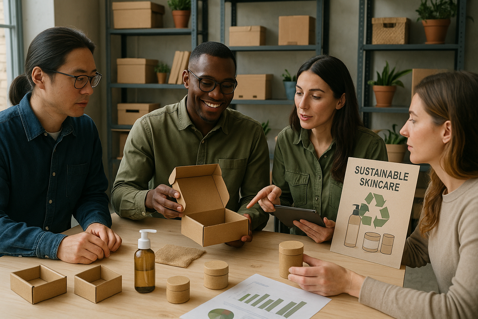 Behind-the-scenes of a sustainable skincare brand collaborating with eco-conscious suppliers. Alt: Sustainable recyclable skincare packaging tips collaboration and supply chain commitment