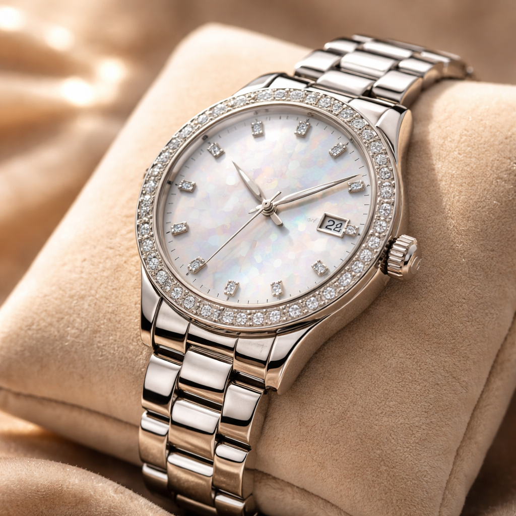 A photorealistic close‑up of a Swiss watch with a mother‑of‑pearl dial on a velvet cushion, soft natural light highlighting the pearl shine, Alt: Swiss fine jewelry gift ideas for her – elegant watch with mother‑of‑pearl dial.
