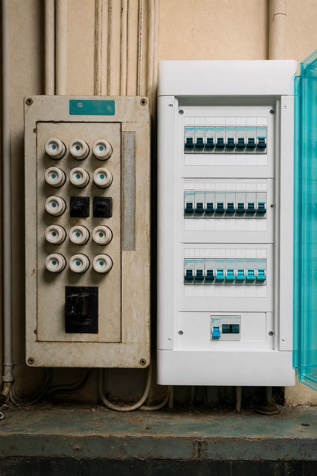 A realistic photo of an old switchboard with porcelain fuses and a new modern switchboard side by side, showing the contrast. Alt: Old switchboard with fuses next to a new modern switchboard with circuit breakers.