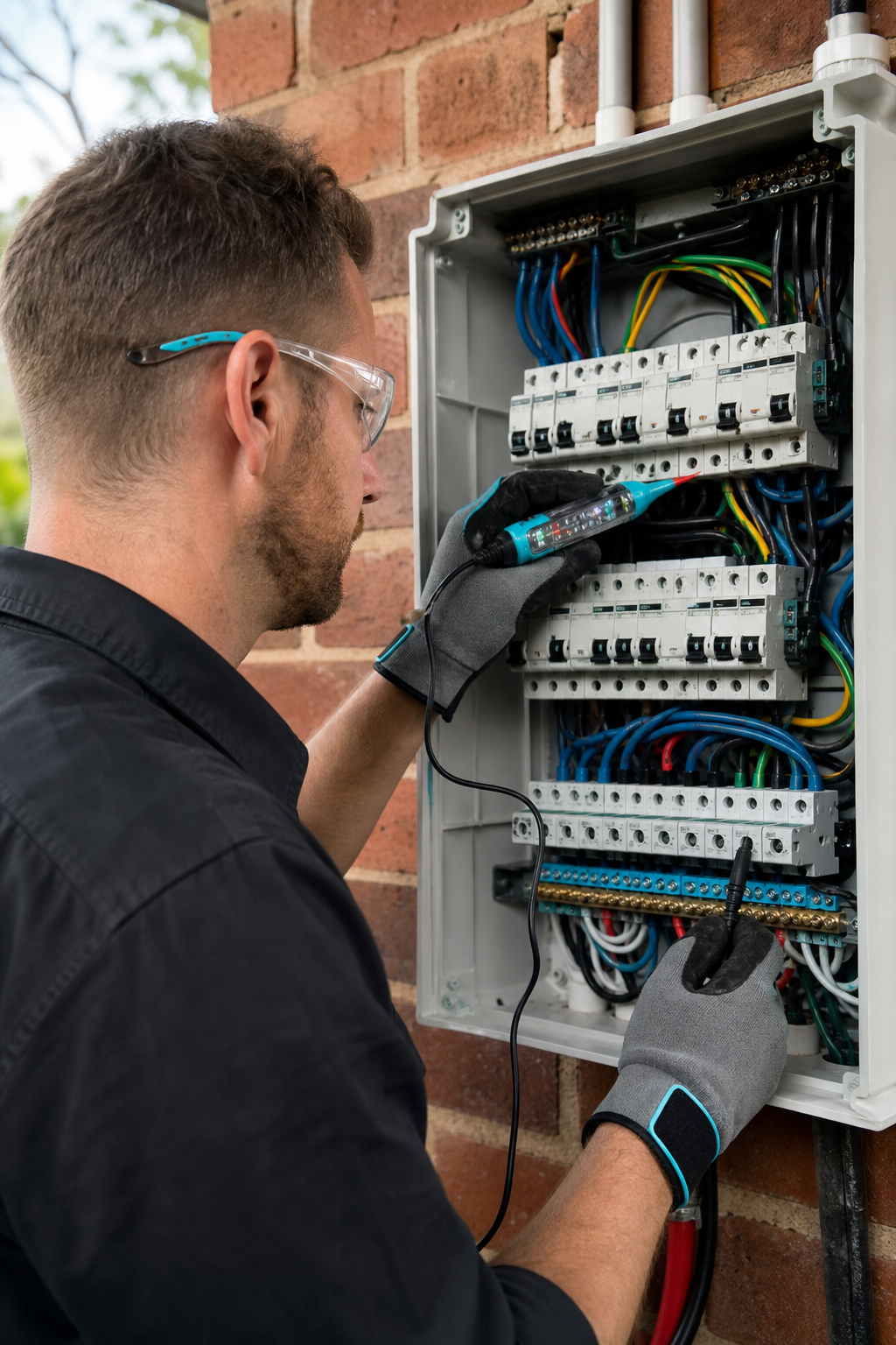 A realistic image of an electrician wearing gloves and safety glasses working on a switchboard with a voltage tester. Alt: Licensed electrician testing a new switchboard for safety.