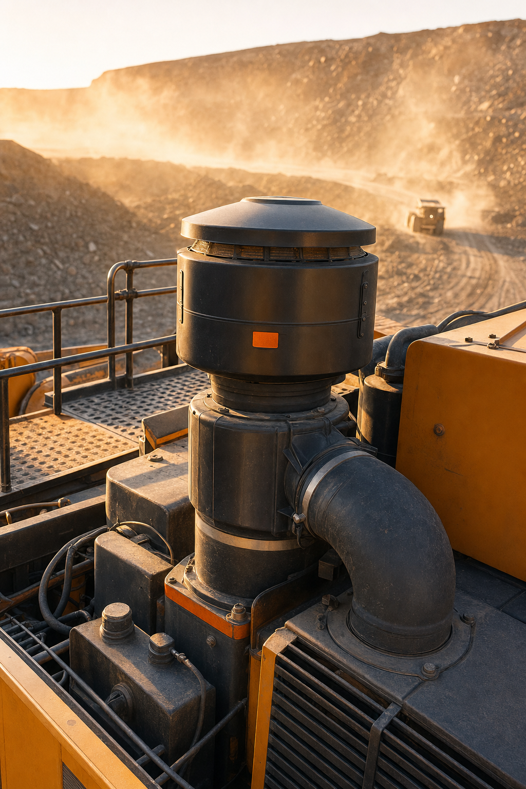 A photorealistic close-up of a heavy-duty engine intake system with an industrial centrifugal precleaner mounted on a large mining excavator in a dusty open-pit site, with orange-tinted afternoon light and visible particulate in the air. Alt: Sy-Klone Series 9000 engine precleaner mounted on heavy mining equipment in dusty field conditions.
