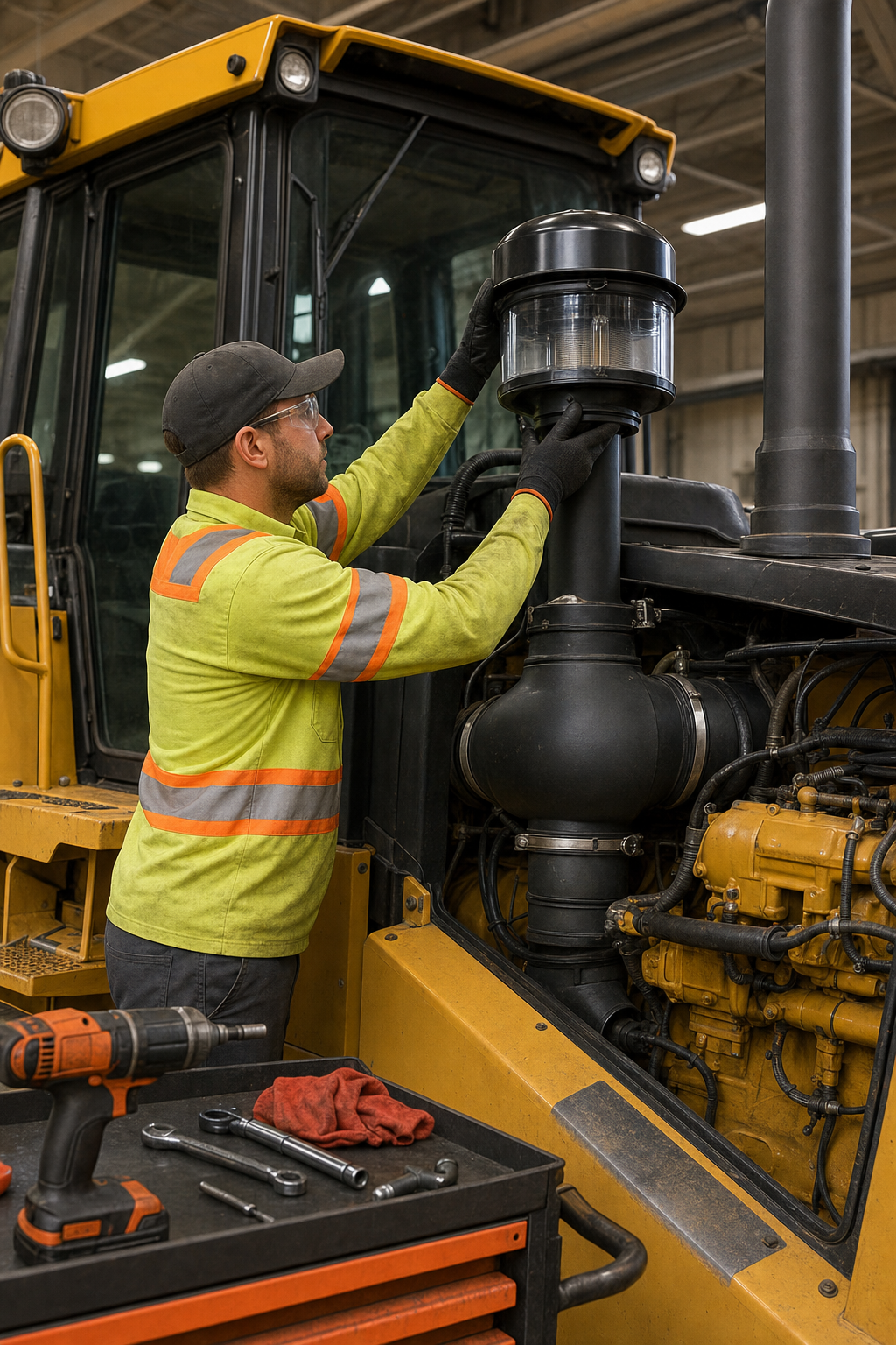 A realistic editorial photograph of a fleet maintenance technician in high-visibility PPE installing a centrifugal engine precleaner onto the air intake snorkel of a large yellow construction dozer, with a workshop tool cart and industrial lighting in the background. Alt: Fleet maintenance technician installing an engine precleaner on heavy construction equipment intake system.