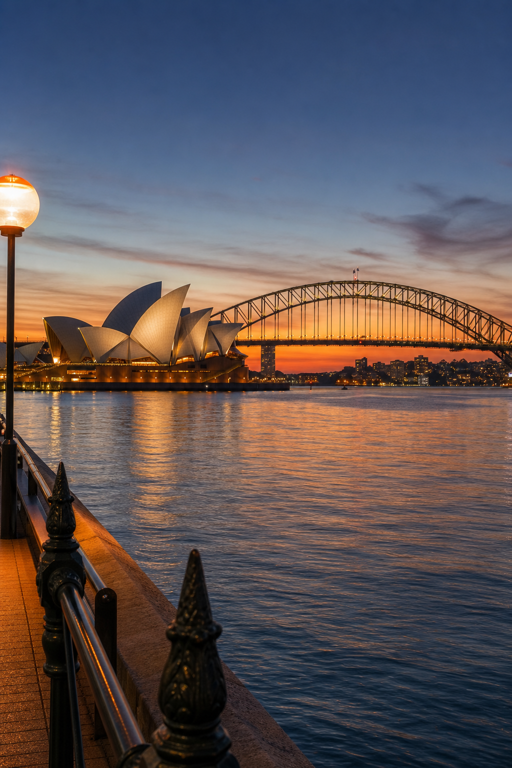 A photorealistic wide-angle shot of Sydney Harbour at dusk, with the Opera House and Harbour Bridge illuminated, reflecting gold light across the water, shot from the CBD waterfront promenade. Alt: Sydney CBD escort agency guide, Sydney Harbour at dusk with Opera House and Harbour Bridge.